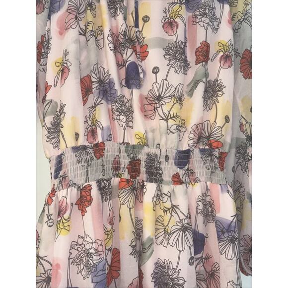 NSR Pink Floral‎ 70s Ruched V Neck Peasant Sleeve Midi Cottagecore Dress Sz Med - Picture 4 of 6